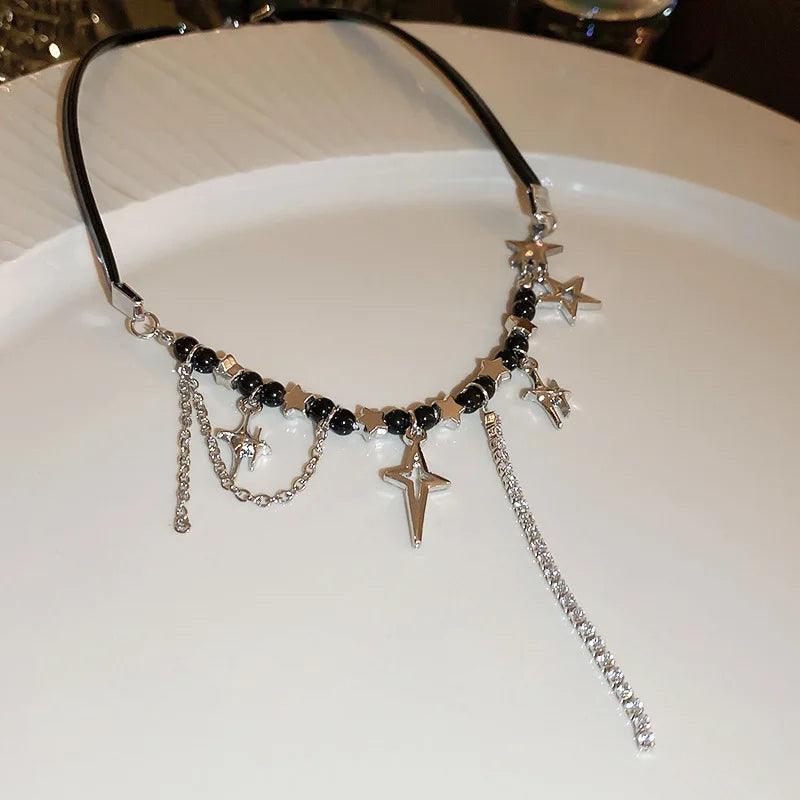 Star Sequin Hollowed Out Necklace for Women Fashion Inlaid Rhinestone Tassels Choker Necklace Y2k Style Accessories Gift