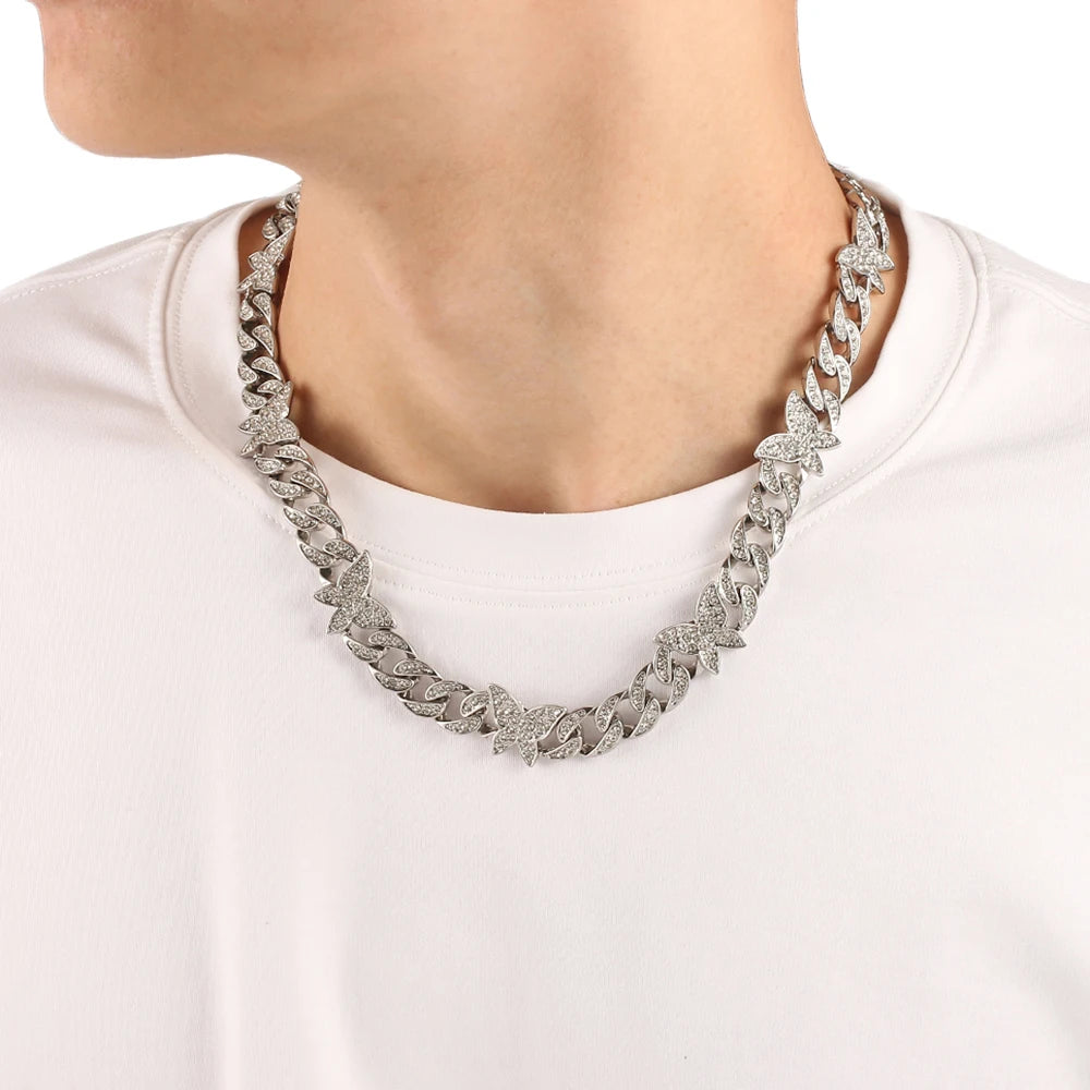 Hip Hop Iced Out Cuban Link Chain Butterfly Necklace for Women Gold Silver Color Miami Cuban Necklaces Jewelry