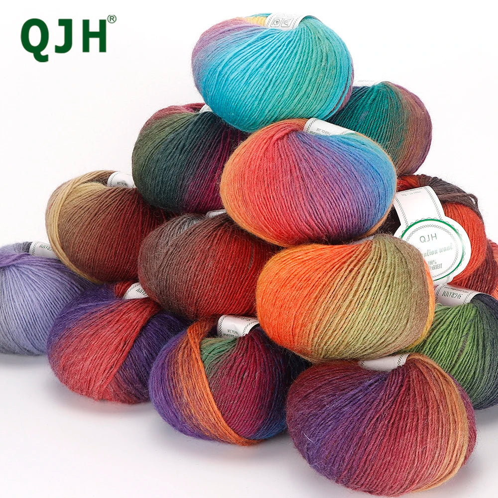 QJH 4Skeins Rainbow Soft Yarn 100% Wool Gradient Multi Color Yarn for Crocheting Knit DIY Hand Knitting Yarn 180m×4(196y×4,50g×4