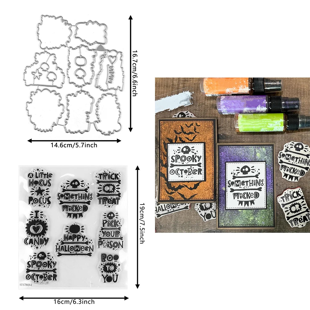 Ghost Snowman Car Ornament Metal Cutting Dies Wishes Words Block Clear Stamps for DIY Halloween Christmas Paper Craft