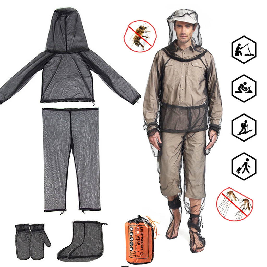 4PCS/Set Outdoor Mosquito Repellent Suit Mesh Hooded Beekeeping Protective Clothing Camping Hiking Anti-Mosquito Bite Clothes