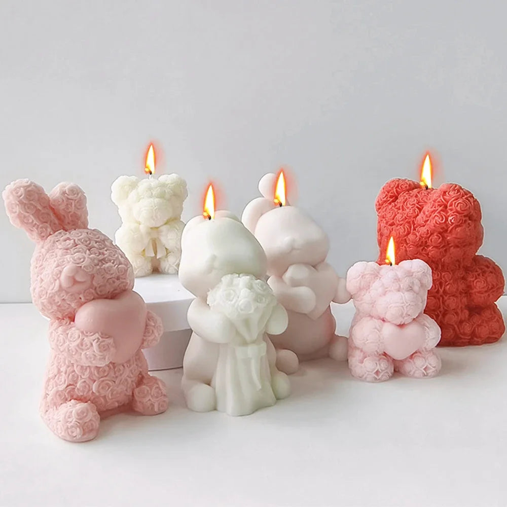 Romantic Rose Love Bear Silicone Candle Mold Flower Rabbit Plaster Doll Making Tool Heart Bunny Valentine's Day Chocolate Gifts