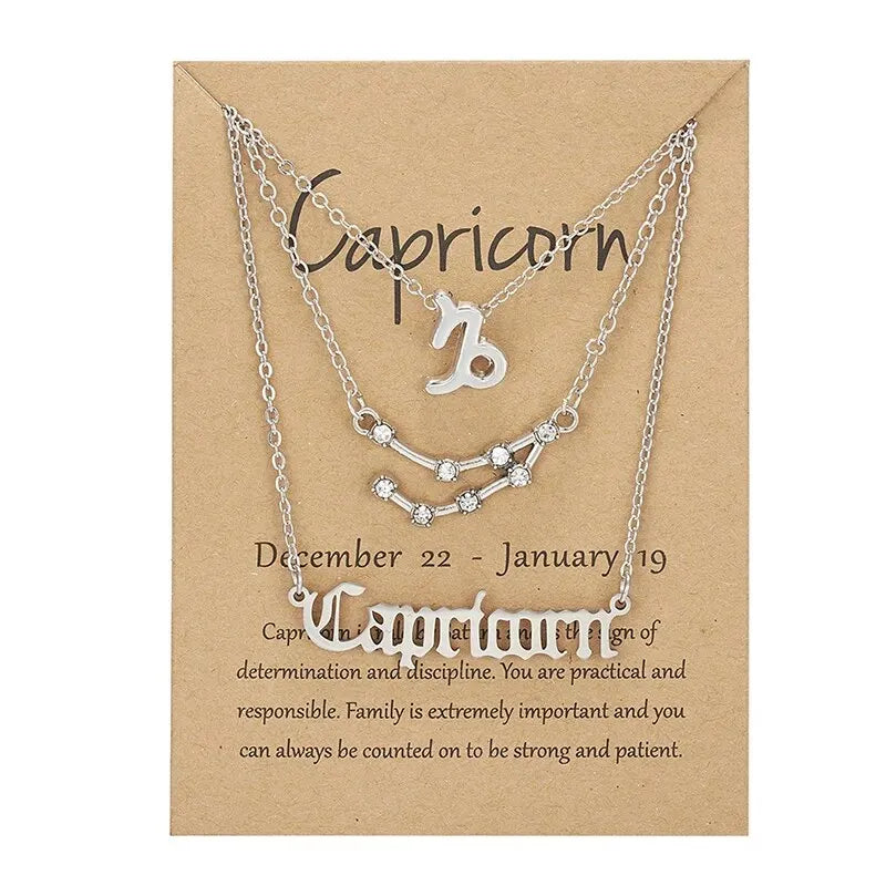 3Pcs 12 Zodiac Sign Necklace Set For Women Constellation Pendant Gold Silver Color Chain Female Birthday Jewelry With Cardboard