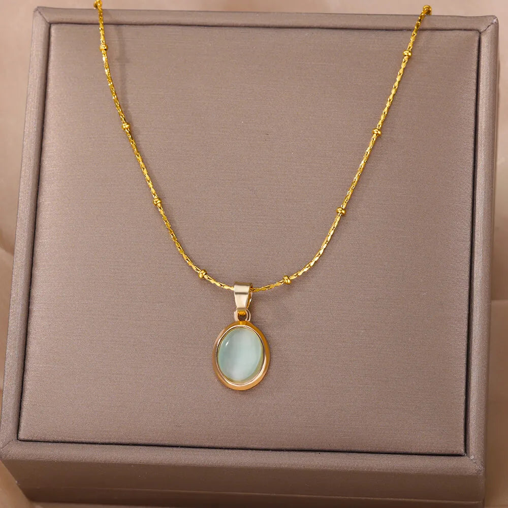 Oval Opal Pendant Necklace For Women Gold Plated Stainless Steel Bead Chains Necklaces 2022 Trend Wedding Jewelry collares mujer