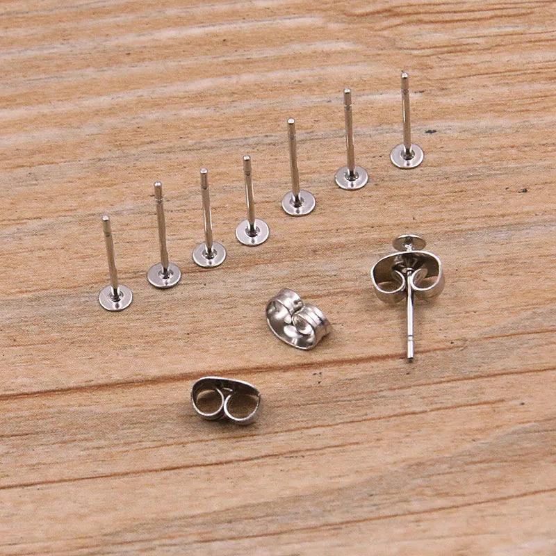 50-100pcs 2 Color Stainless Steel Earring Studs Blank Post Base Pins With Plug Findings Ear Back For DIY Jewelry Making