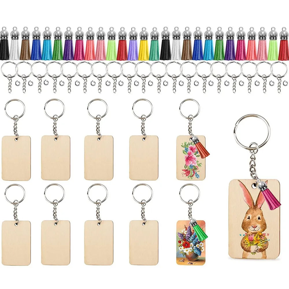 120pcs Wooden Keychain Blanks for Wood Blanks Tassels Key Chain Rings With Jump Rings for DIY Keychain