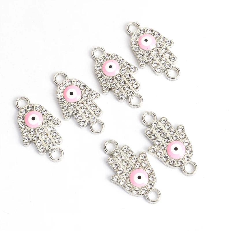 10pcs Rhinestones lnlaid Hamsa Hand Evil Eye Design Enamel Connectors Turkish Style Double Hanging Pendant For DIY Lucky Jewelry