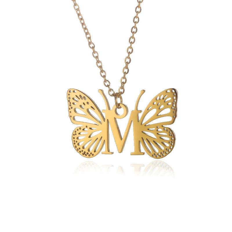 A-Z Initial Letter Collar Butterfly Necklace For Women Butterfly Jewelry Stainless Steel Alphabet Choker Necklace Female Gift
