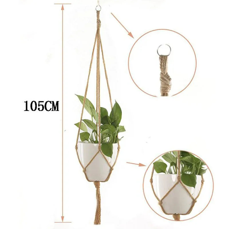 Handmade Macrame Hemp Rope Plant Hanger Basket Woven Hanging Flower Pot Wall Hang Planter Pot For Garden And Wood Ceiling Hooks