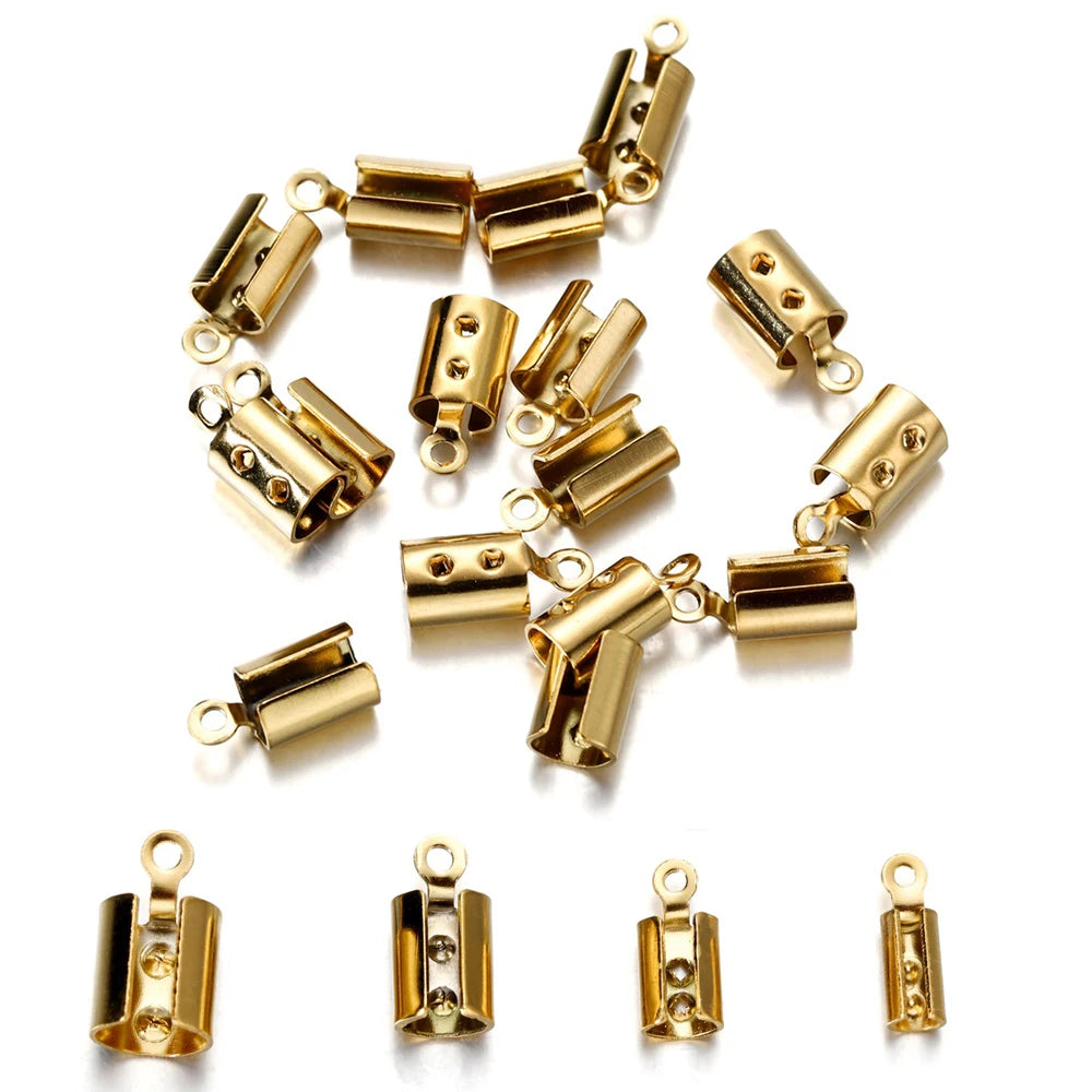 30/50pcs Stainless Steel Gold Rope Cords Crimp End Bead Caps Leather Clip Tip Fold For DIY Bracelet Necklace Jewelry Making