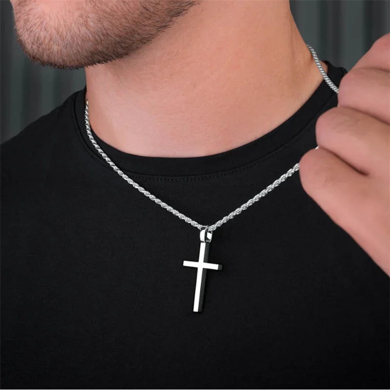 Stainless Steel Cross Pendant Necklace for Men Boys 18K Gold Plated Silver Simple Twisted Chain Fashionable Jewelry Beach Party