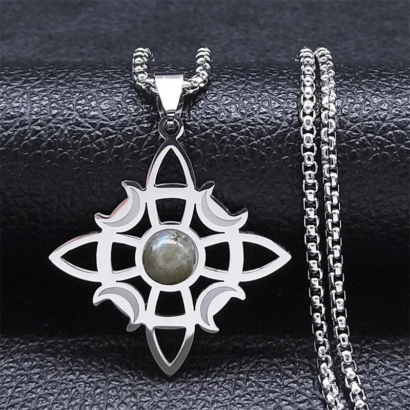 Wicca Celtic Knot Triple Moon Goddess Necklace Stainless Steel Natural Stone Witch Amulet Chain Necklaces Jewelry collar