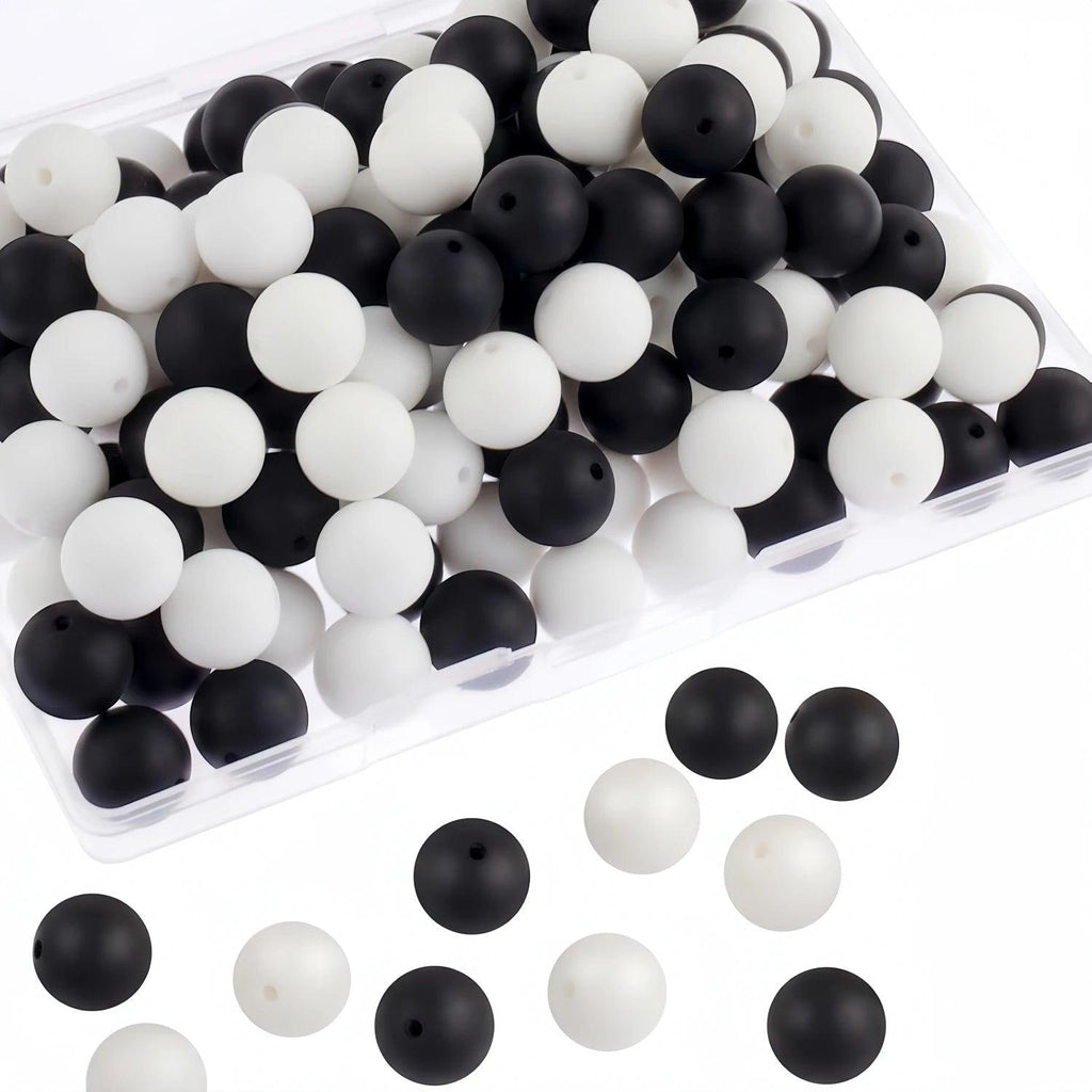 Silicone Beads, 12/15mm Silicone Beads for Key Chain Making, 60 Silicone Beads in Bulk Rubber Beads for Pen Necklace Bracelet Lanyard DIY Crafts Production Holiday Party Decorations (Black and White)