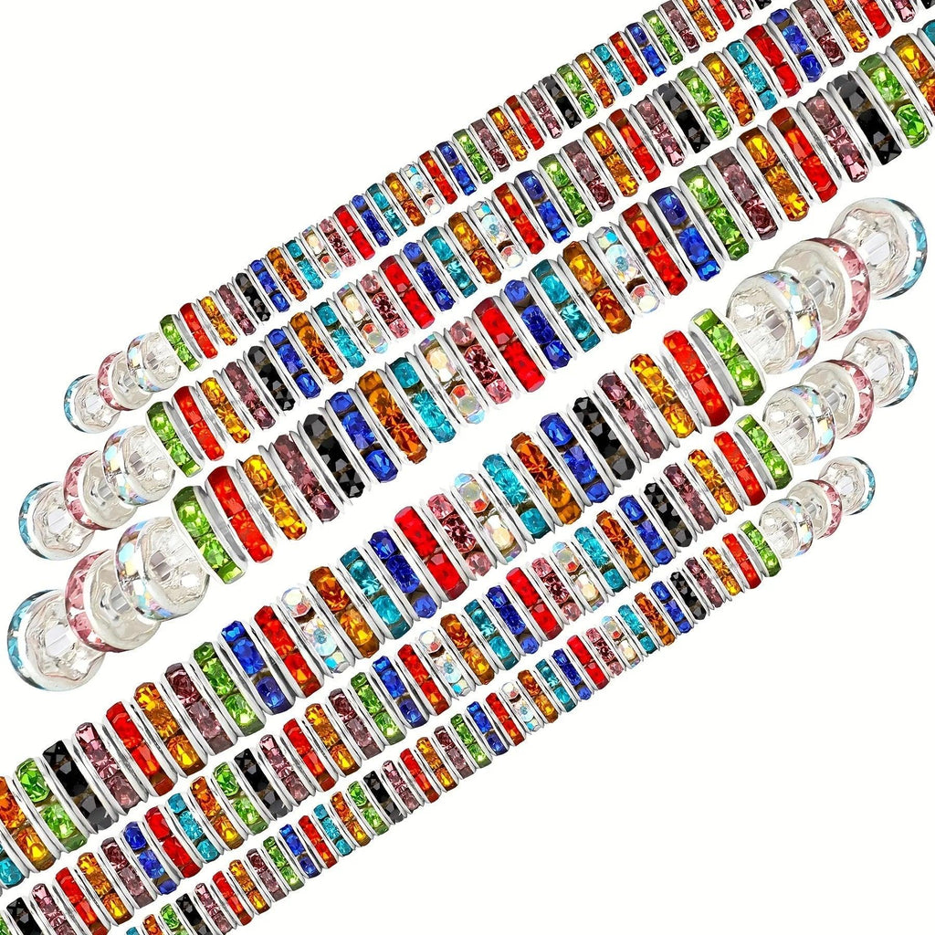 70pcs 6 8 mm Rondelle Spacer Beads Silver Plated Rhinestone Mix Color Crystal Loose Beads for Necklaces Bracelets Jewelry Making