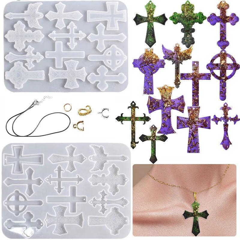 12pcs Cross Pendants Resin Silicone Mould for Jewelry Making DIY Crystal Epoxy Keychain Pendant