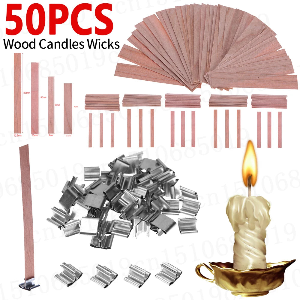 50pcs Wooden Candles Wick Smokeless Candle Core with Clip Base DIY Candle Making Kit Handmade Candle Wood Core Candlewick