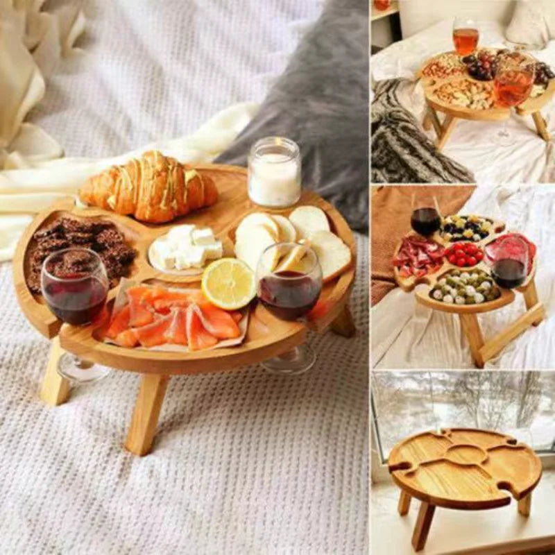 Wooden Folding Picnic Table Portable Chair Casual Snack Tray Wine Rack Kitchen Storage Container