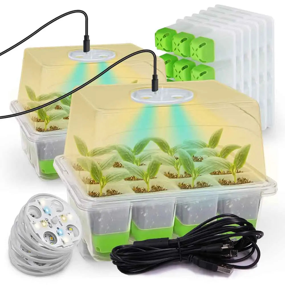 12 Cells LED Grow Light Seedling Starter Tray Kits with Transparent Cover Indoor Garden Flower Pot Plant Nursery Germination Box