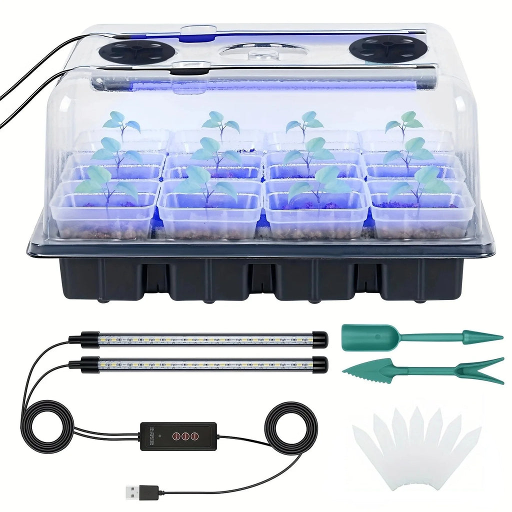 Seed starter tray with grow light, a set of silicone 12-cell seedling cups, with humidity dome and controller.