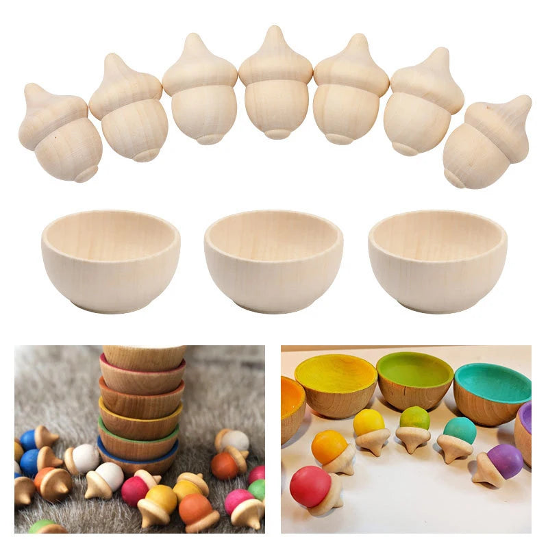 1/5Pcs Natural Unfinished Peg Dolls Set Bowl Acorns Creative DIY Crafts Toys Children's Painted Doodle Gift