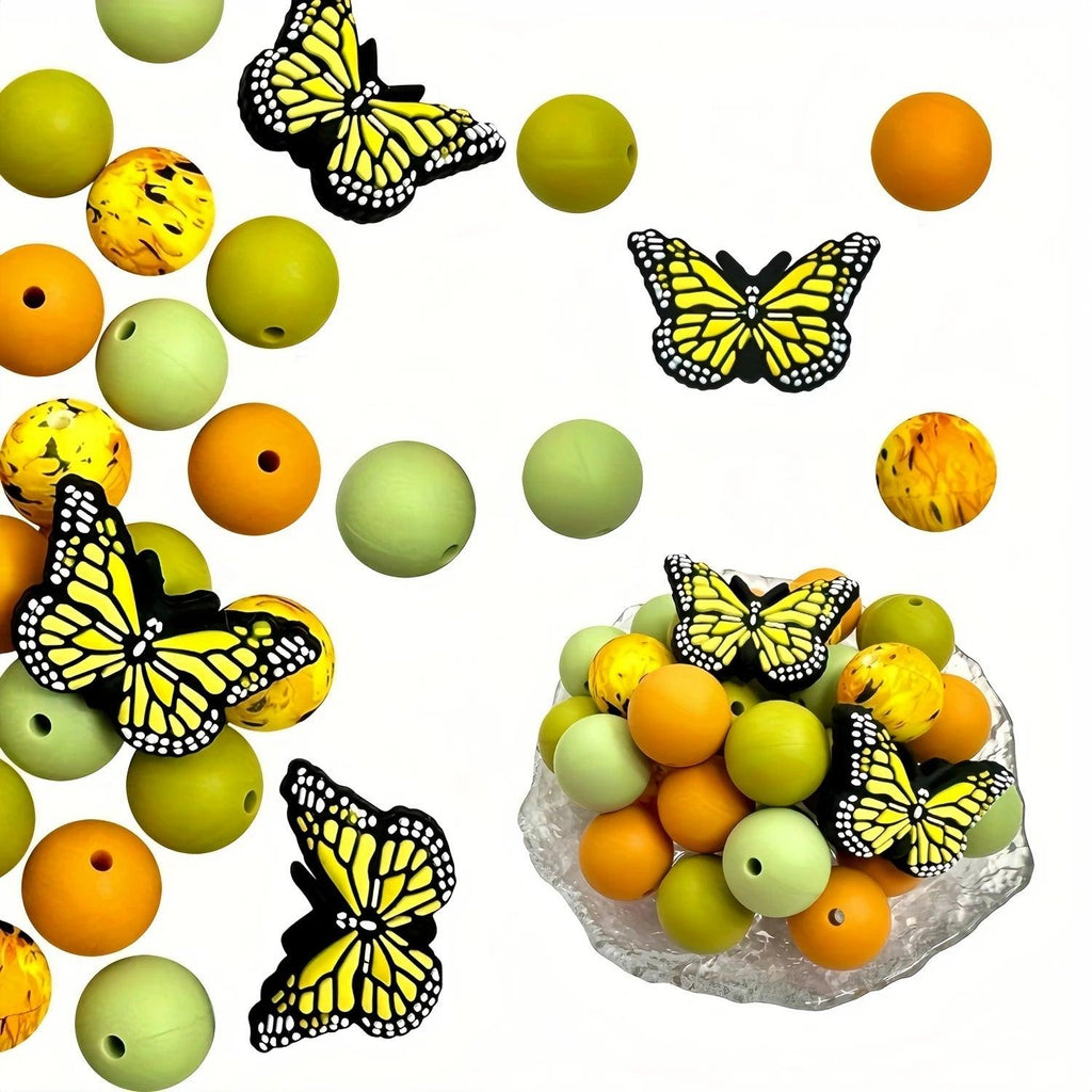25pcs/set yellow butterfly silicone beads 15mm silicone beads printed loose round silicone beads for keychain pen tie bracelet necklace jewelry making DIY craft jewelry accessories