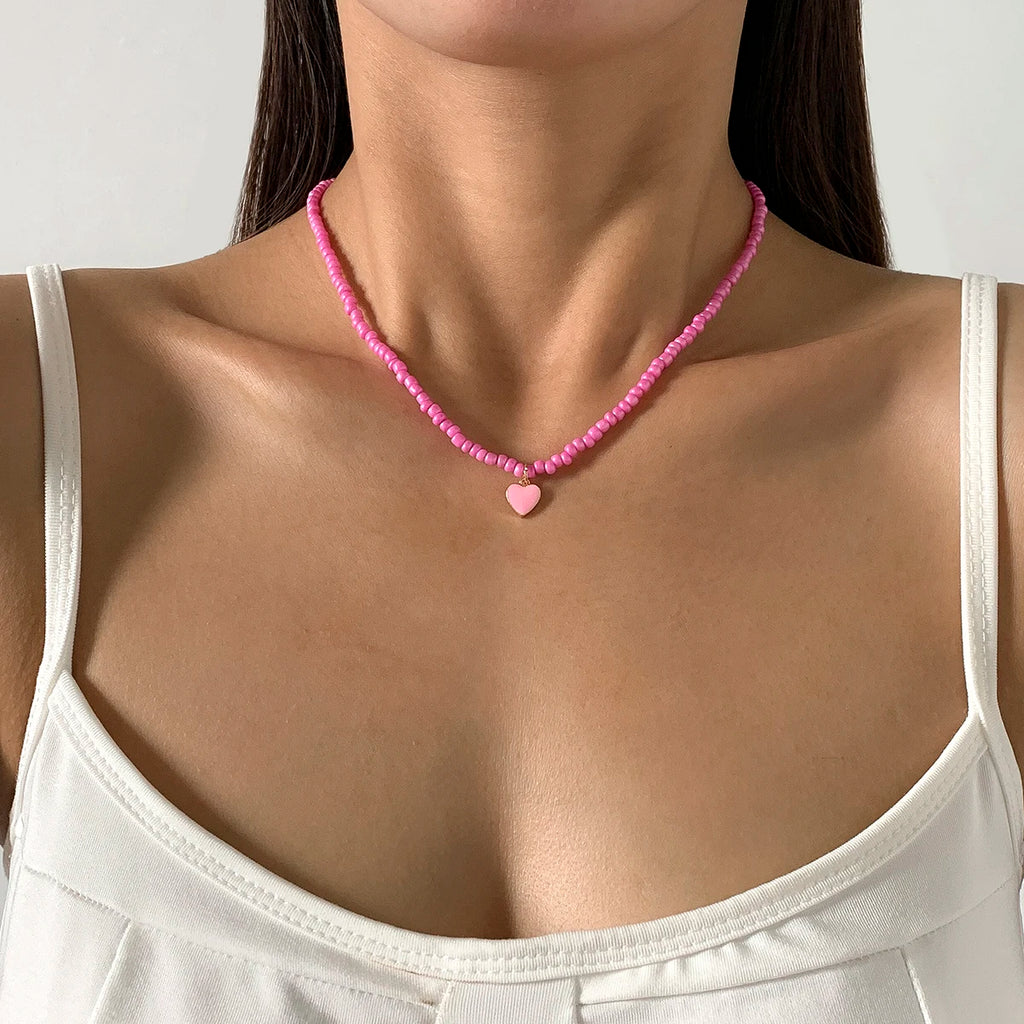 Small Seed Beads with Heart Pendant Necklace for Women Trendy Ladies Beaded Chain on Neck Choker Collar 2024 Fashion Jewelry Acc