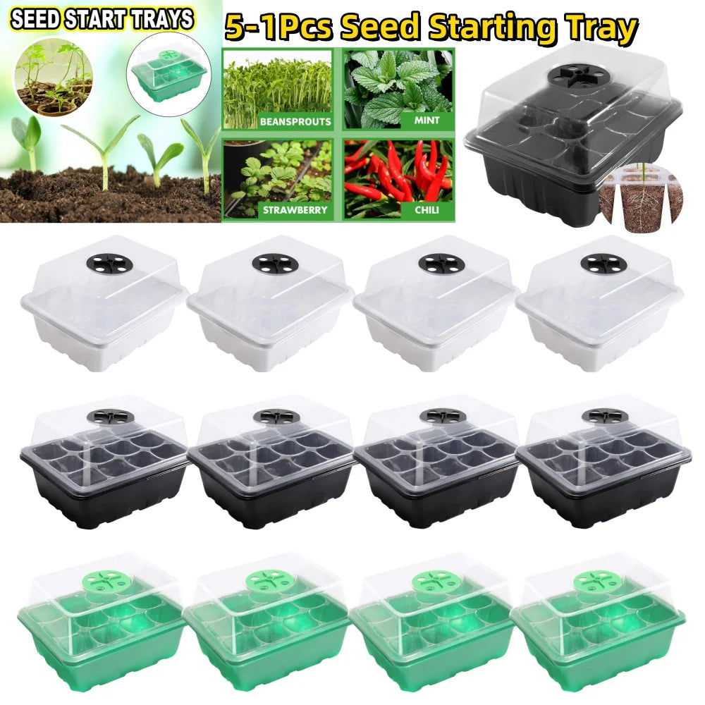 5-1Pcs 12 Grids Seed Starter Kit Plant Seeds Grow Box Seedling Trays Germination Box with Dome and Base For Seedlings Gardening