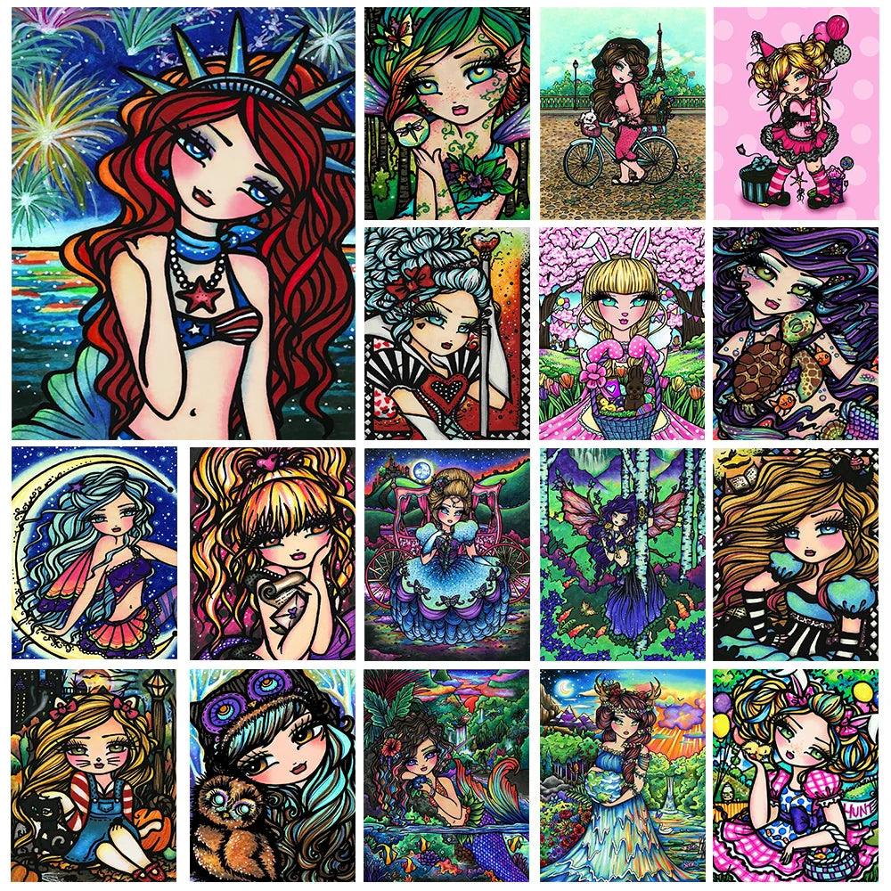 5D DIY Cartoon Big Eyed Girl Diamond Painting Kit Mermaid Butterfly Flower Sticker Diamond Embroidery Hannahlynnart Art Gift