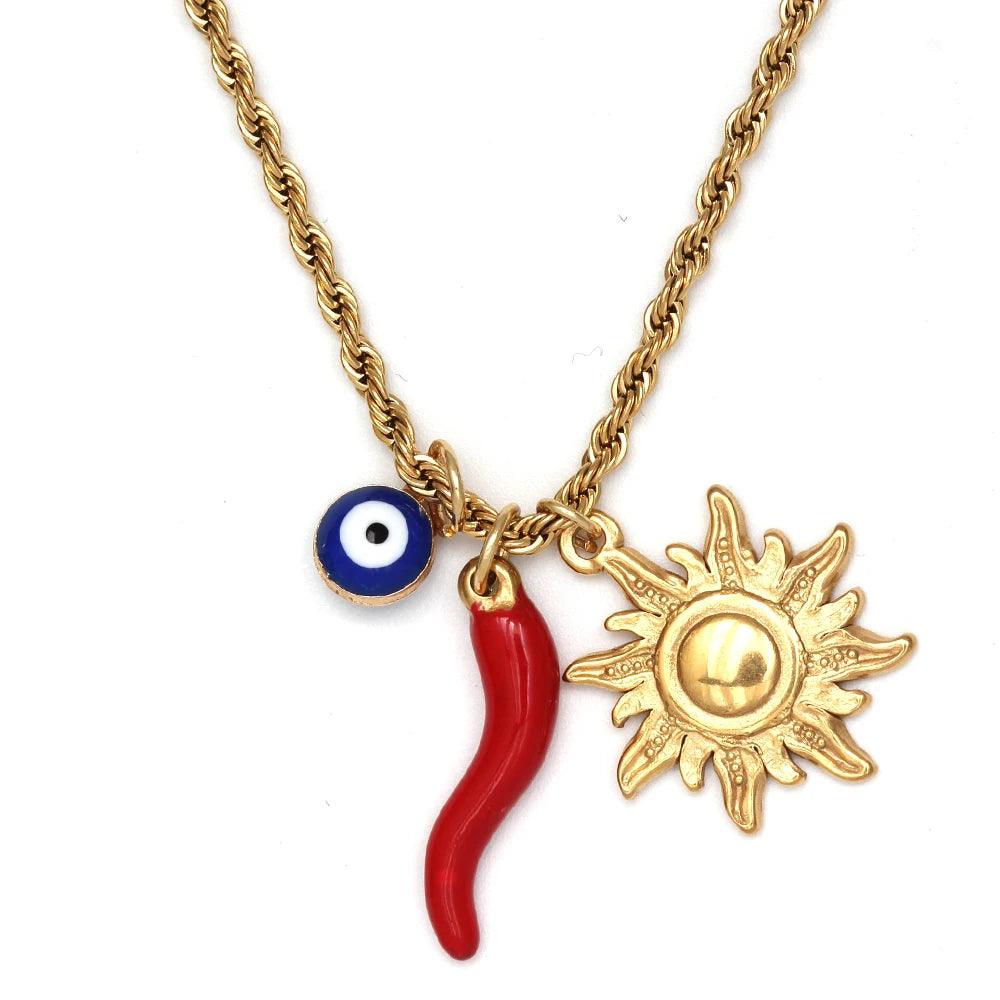 Lucky Eye Drop Oil Blue Turkish Evil Eye Necklace Hand Sun Pepper Cross Pendant Necklace for Women Girls Men Fashion Jewelry
