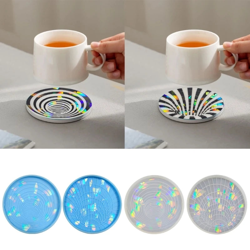 3D Holographic Cup Coaster Resin Mold DIY Craft UV Epoxy Silicone Mold Round Storage Tray Table Coaster Mirror Crystal Mat Mould