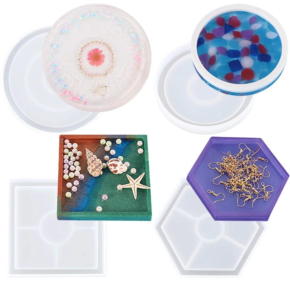 Coaster Silicone Resin Mold Heart Round Square Hexagon Oval Cup Tray Mat Casting Crafts Jewelry Storage Tray Making Home Decor