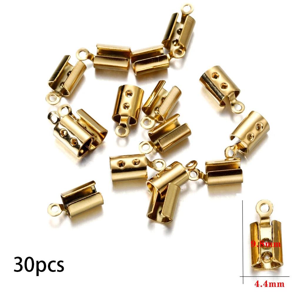 30/50pcs Stainless Steel Gold Rope Cords Crimp End Bead Caps Leather Clip Tip Fold For DIY Bracelet Necklace Jewelry Making