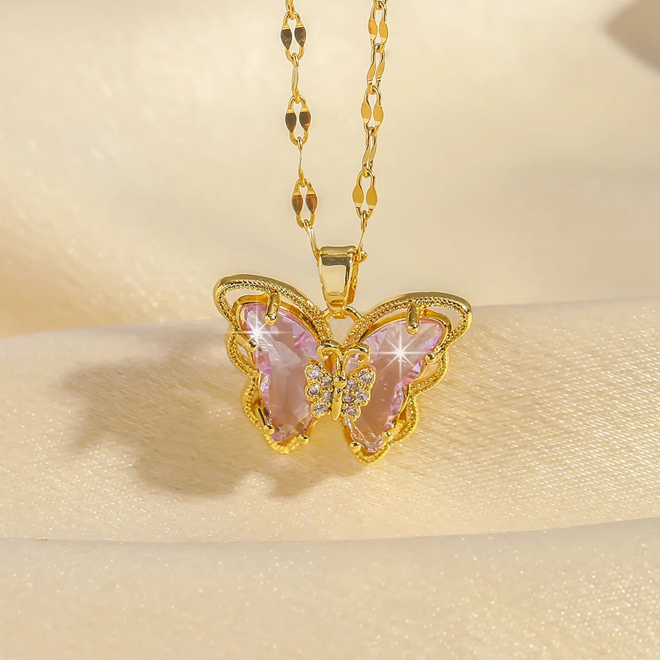 ZAKOL Trendy Heart Butterfly Pendant Necklaces For Women Girls Gold Color Crystal Jewelry Clavicle Chain Choker Jewelry Gifts
