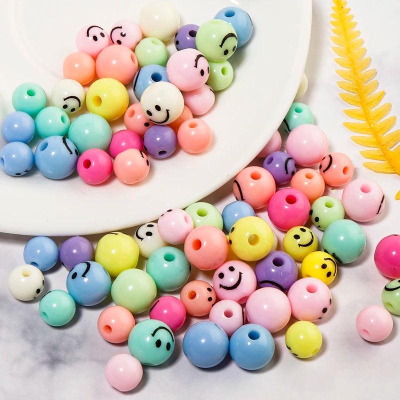50pcs Acrylic Mixed Color Smile Bead 8/10mm Round Loose Spacer Beads for Bracelet Necklace Jewelry Making DIY Material Supplies