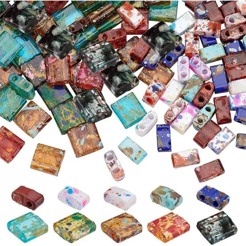 200Pcs 10 Colors 2 Hole Glass Seed Beads, Rectangle Antique Style Tila Beads for Jewelry Necklace Bracelet Earring