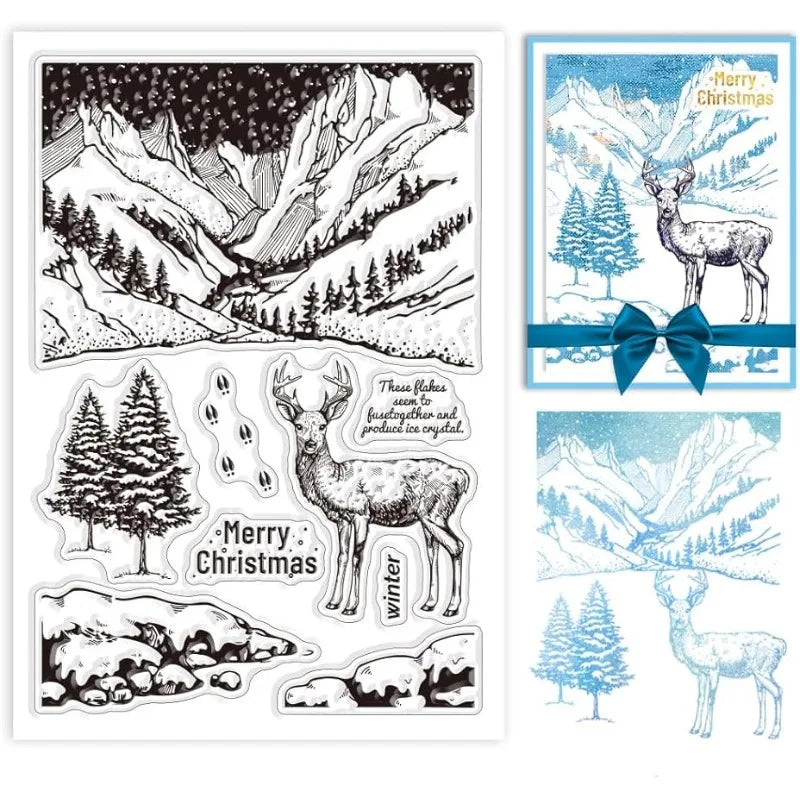 1pc Winter Elk Deer Clear Stamps Snow Silicone Clear Stamps Christmas Deer Pine Tree Silicone Stamps for Christmas Card Making