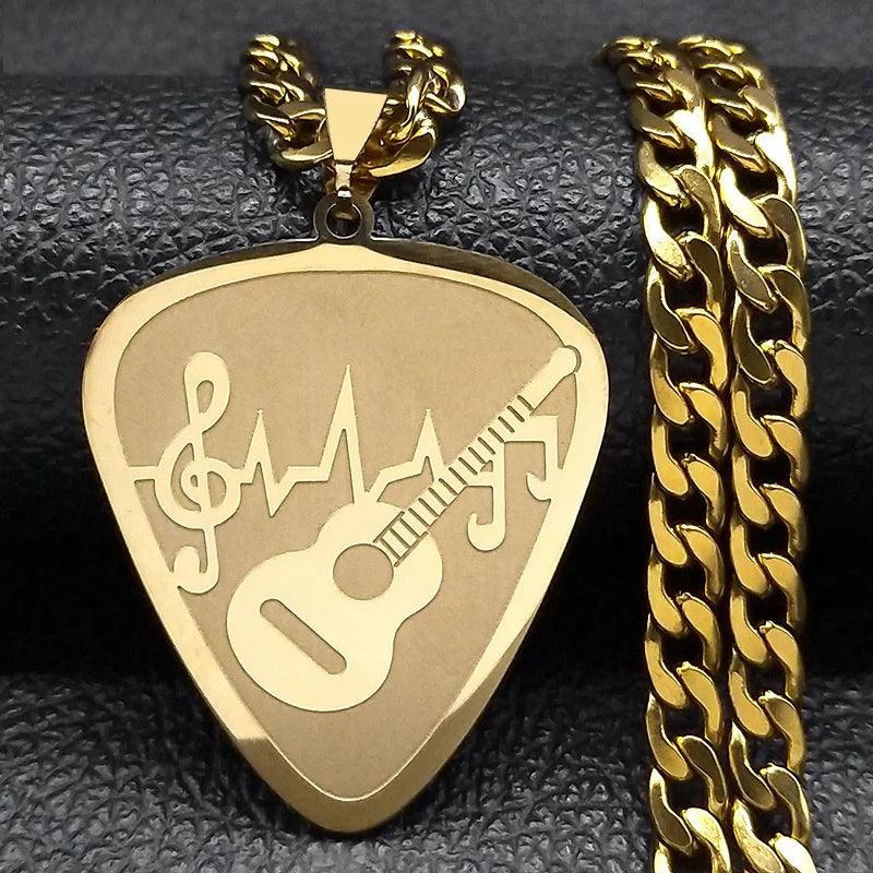 Hip Hop Guitar Pick Bass Note Necklace for Men Stainless Steel Gold Plated Music Lovers Pendant Necklaces Jewelry colar N3003GD