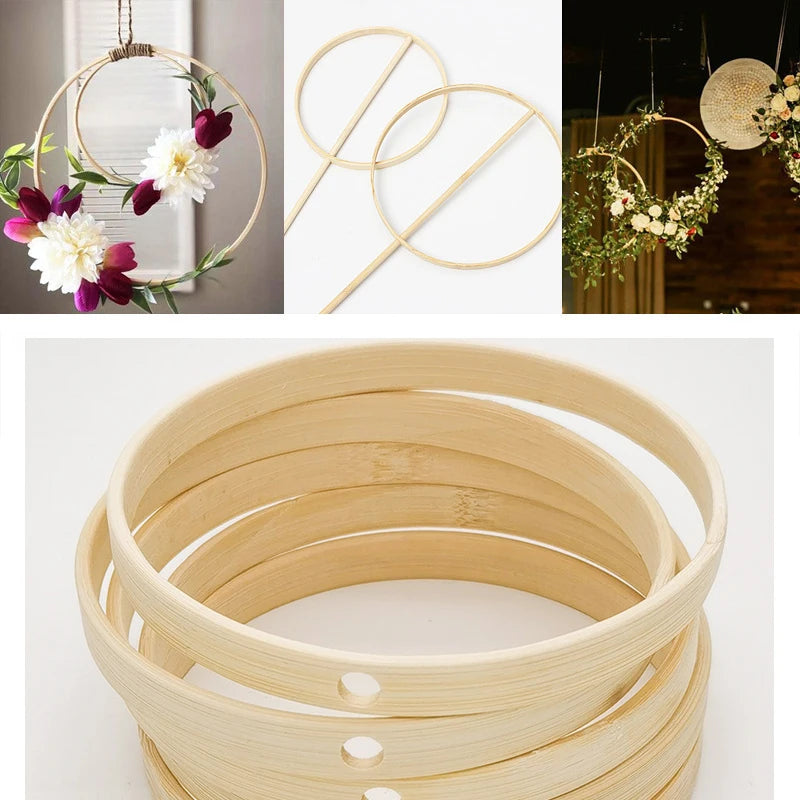 10-26cm Bamboo Circle Wooden Ring Hoop Wreath Garland Floral Wreath Handmade Flowers Circle Ring Hanging Wedding Christmas Decor