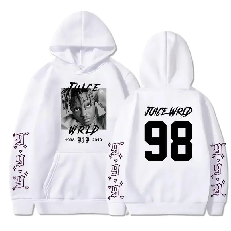 A white hoodie with the image of Juice Wrld and text '999' on the front and back, featuring a hood and pockets.
