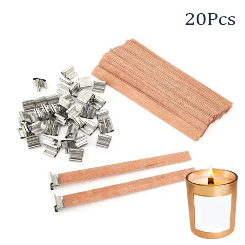 20Pcs Wooden Candle Wick DIY Handmade Candle Making Candle Wick for Soy Wax with Metal Clips Base Smokeless Wood Core Supplies