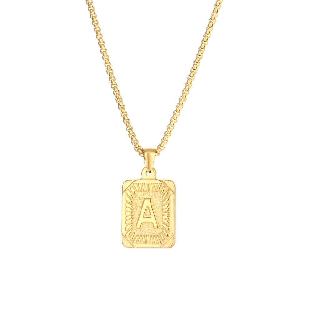 2023 New Stylish Square Pendant Necklace Men's Stainless Steel Gold Plated Letter Necklace Initial Necklace For Women