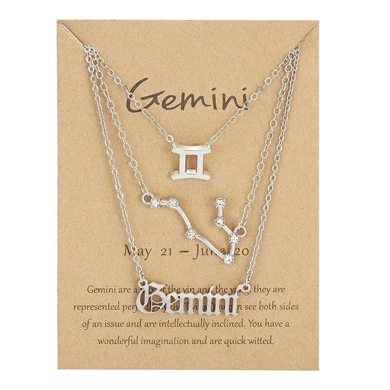 3Pcs 12 Zodiac Sign Necklace Set For Women Constellation Pendant Gold Silver Color Chain Female Birthday Jewelry With Cardboard