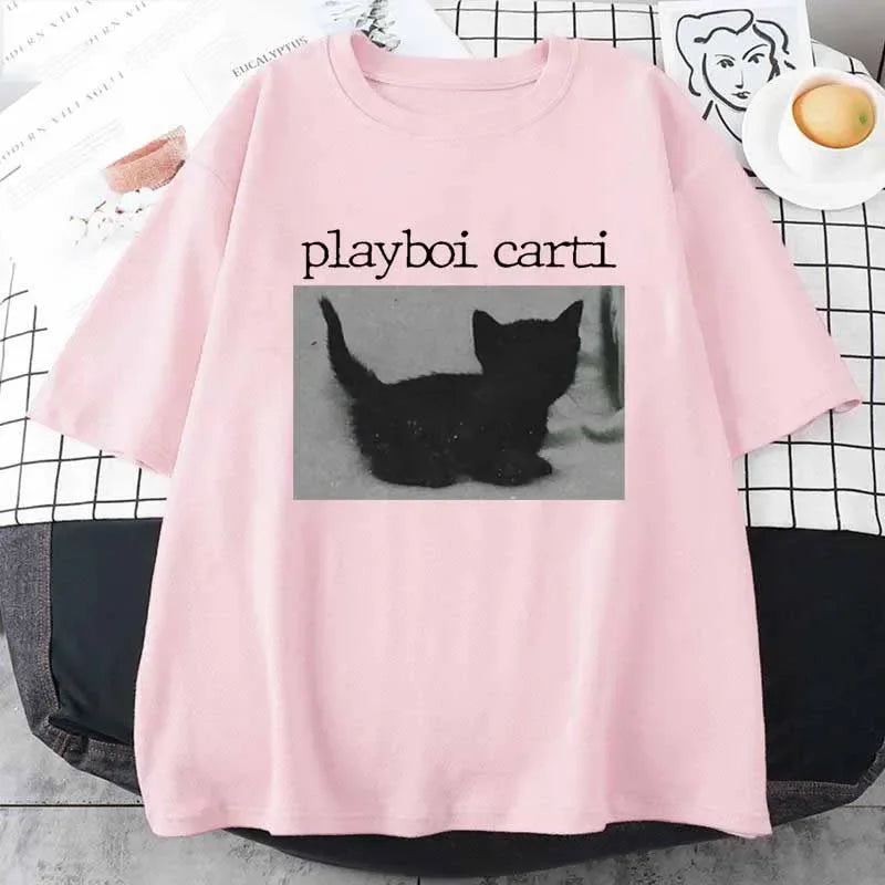 Summer Playboi Carti Oversized Hip Hop T Shirt Cute Cat Harajuku Print Men's Jogging Tee