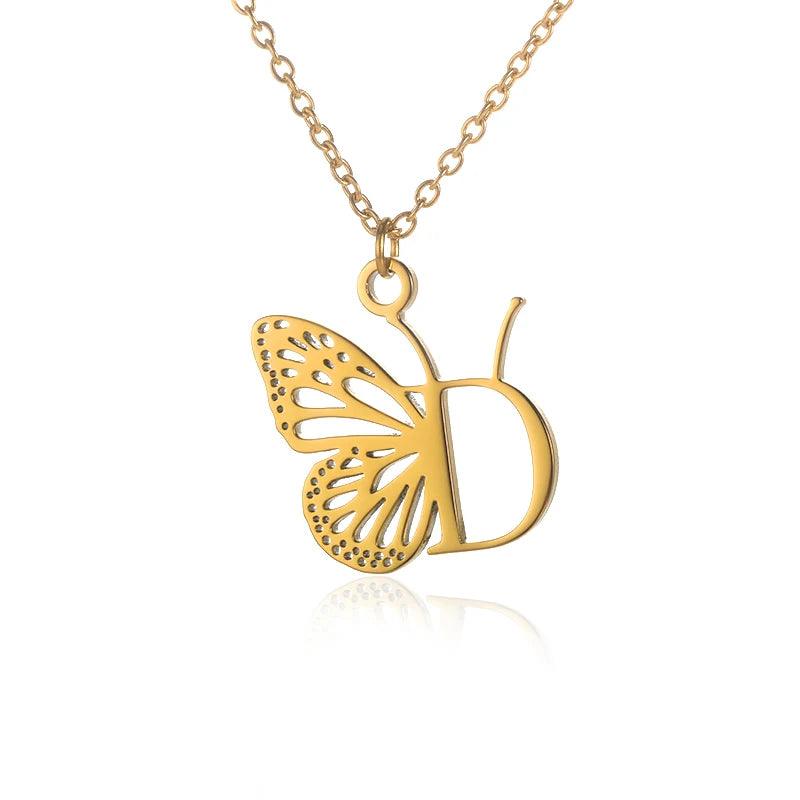 A-Z Initial Letter Collar Butterfly Necklace For Women Butterfly Jewelry Stainless Steel Alphabet Choker Necklace Female Gift