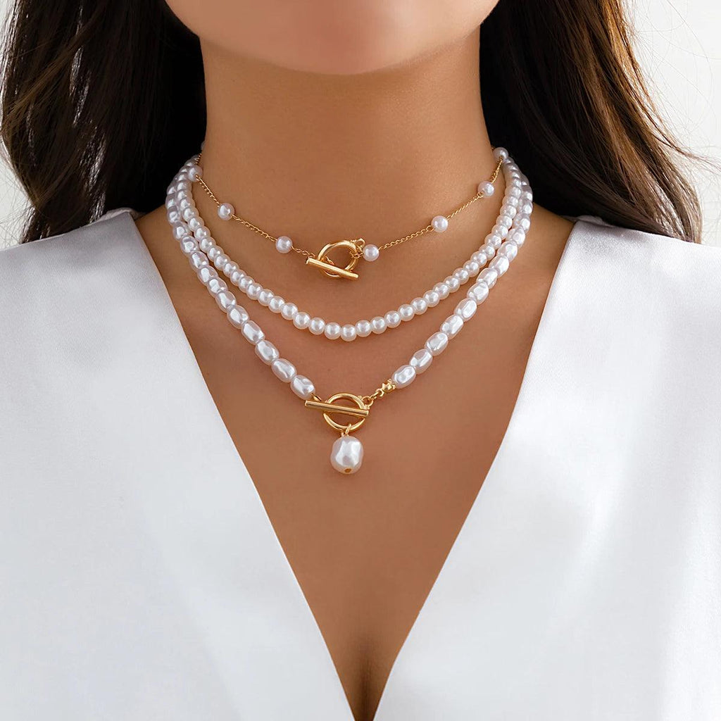 Ingemark Multilayer Imitation Pearl OT Buckle Pendant Necklace Women Wed Bridal Goth Bead Chain Y2K Accessories Neck Jewelry