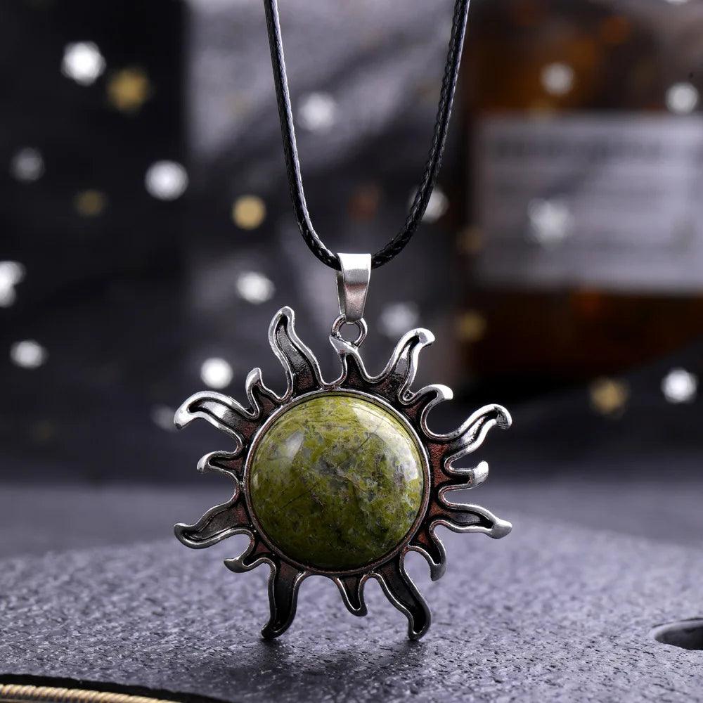 Fashion Natural Gem Stone Quartz Crystal Tiger-eye Plated Silver Alloy Sun Pendant Jewelry Making Accessories Sun Necklace Gift
