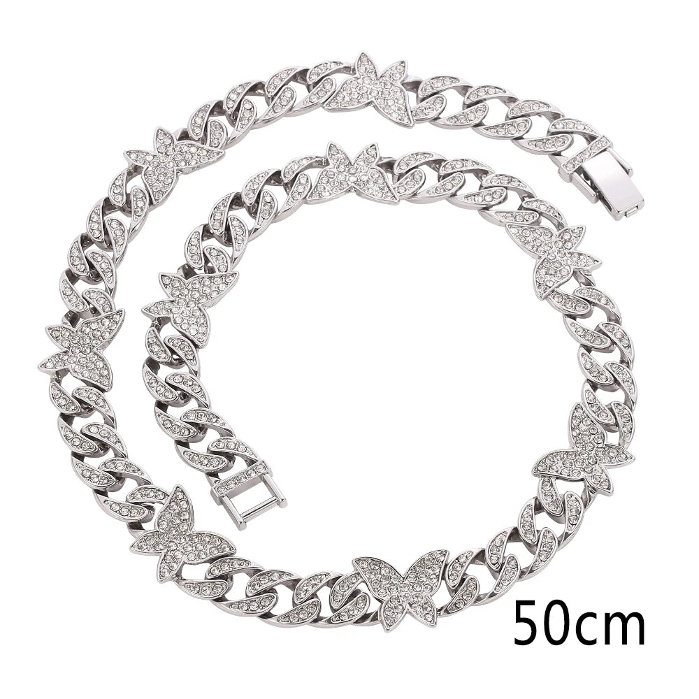 Hip Hop Iced Out Cuban Link Chain Butterfly Necklace for Women Gold Silver Color Miami Cuban Necklaces Jewelry