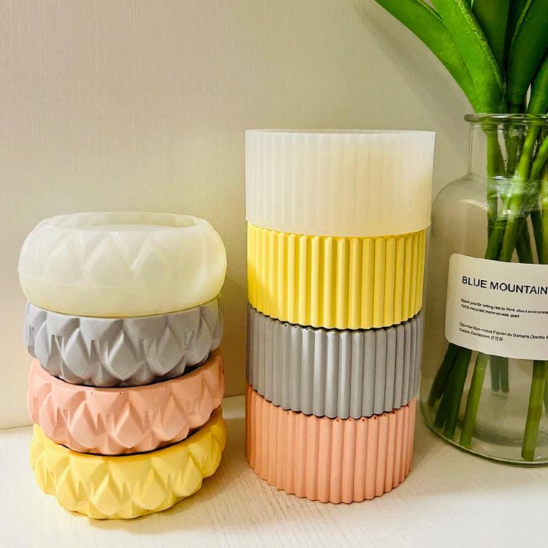 Classic Striped Candle Cup Cement Mold Round Candle Holder Silicone Mold Concrete Candle Vessel Mold Trinkets Storage Dish Mold