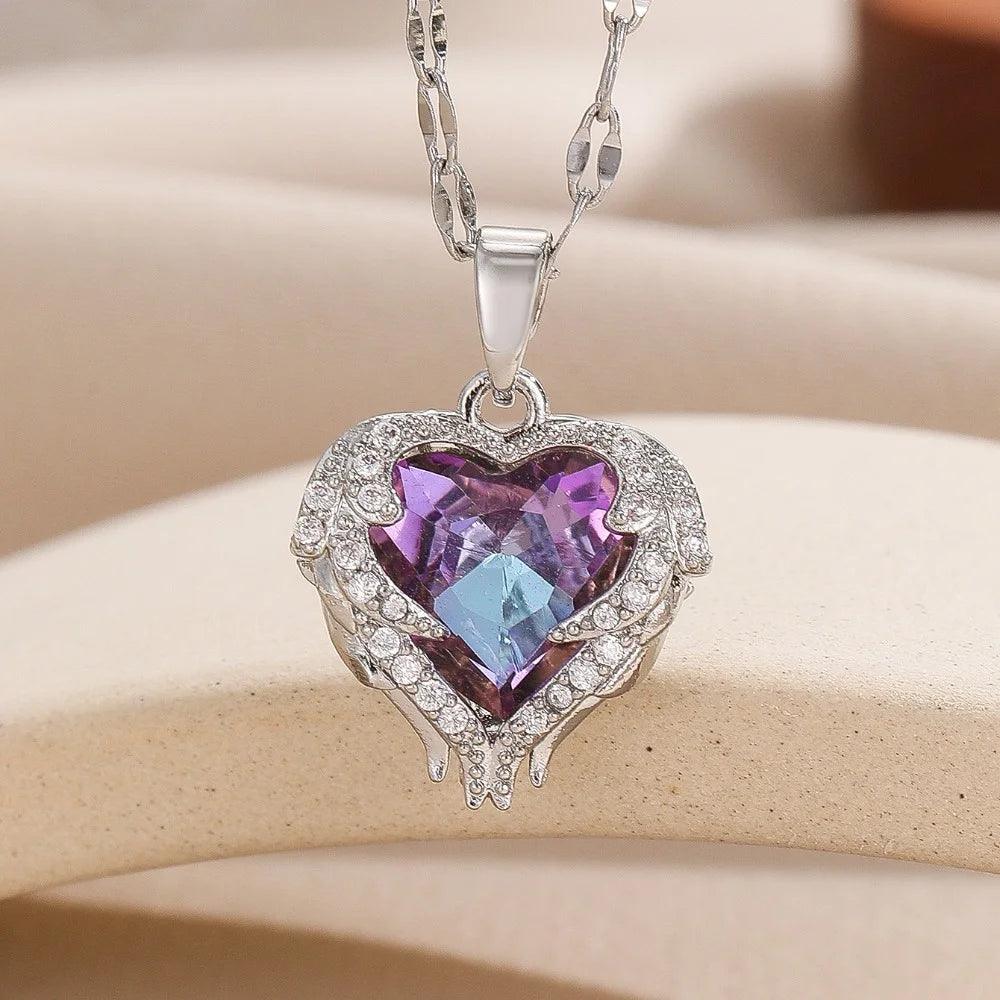 1 Pcs Romantic Couple Glass Encrusted Bronze Zircon Ocean Heart Pendant Combination Of Titanium Steel Chain