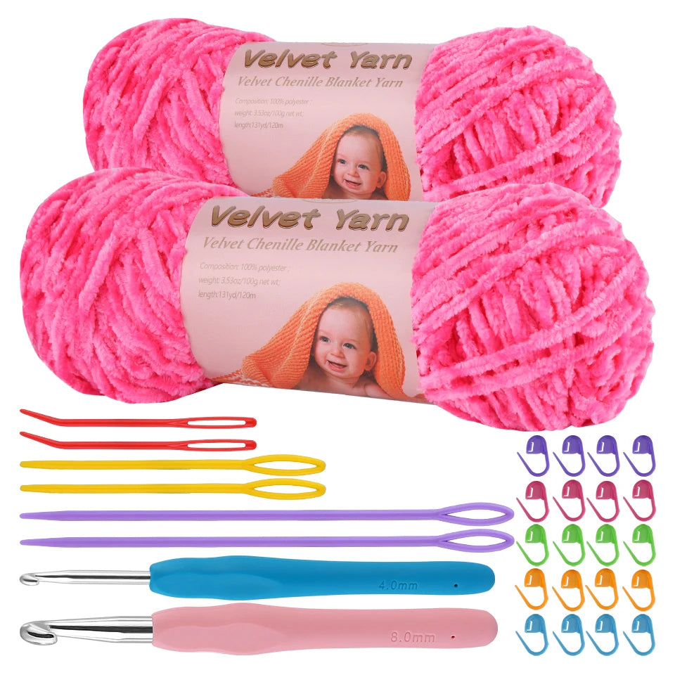 KRABALL 2 * 100g/7.05oz Chenille Blanket Yarn Baby Velvet Yarn Ball Thread with 2 Crochet Hooks Plastic Knitting Needles